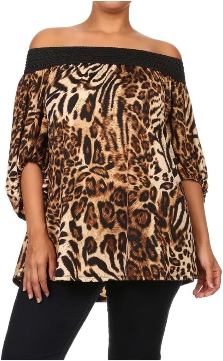 Plus Top Leopard Off Shoulder 3/4 Sleeve Blouse Loose Womens