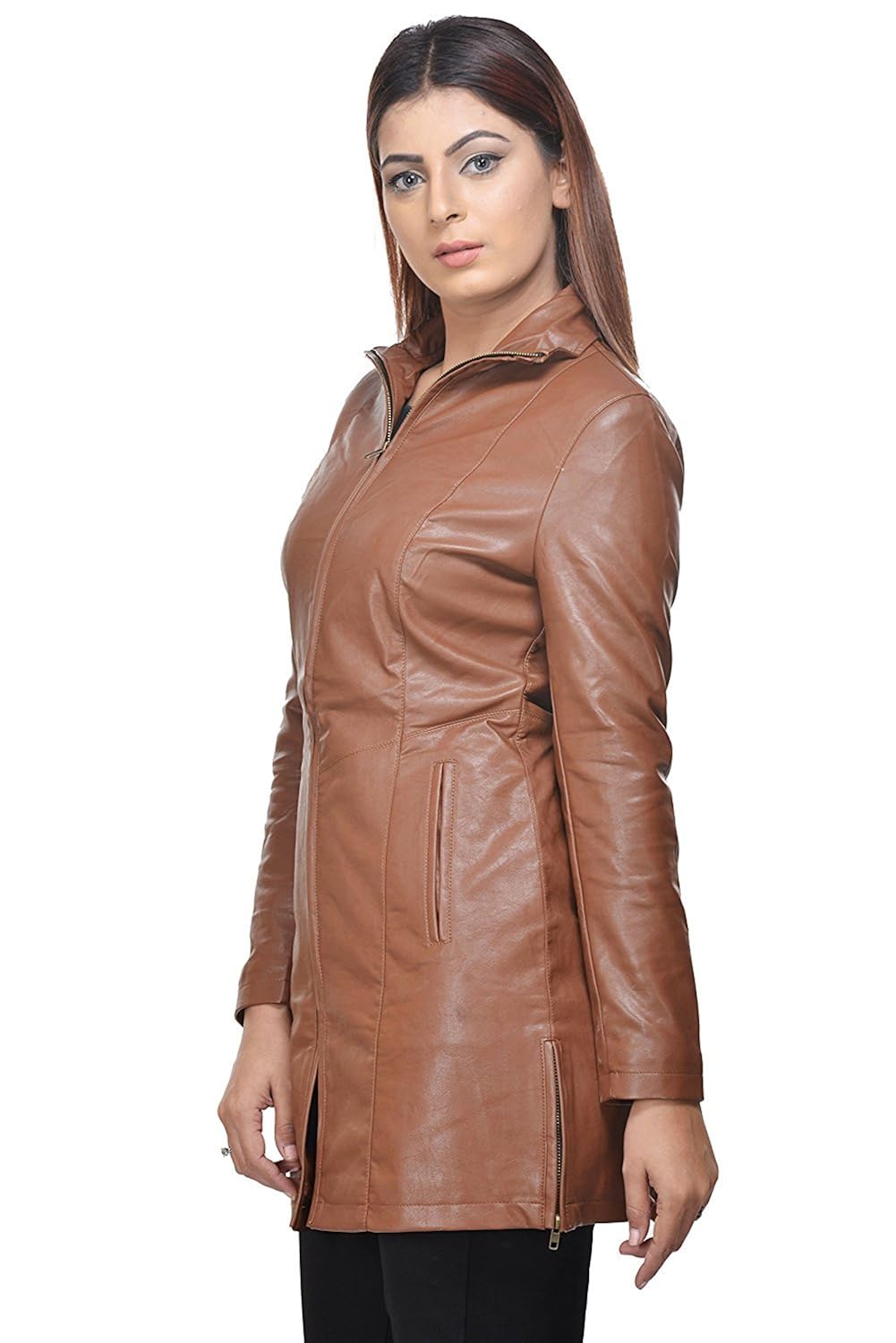penymall women tan brown casual stylish winter long leather jacket coat