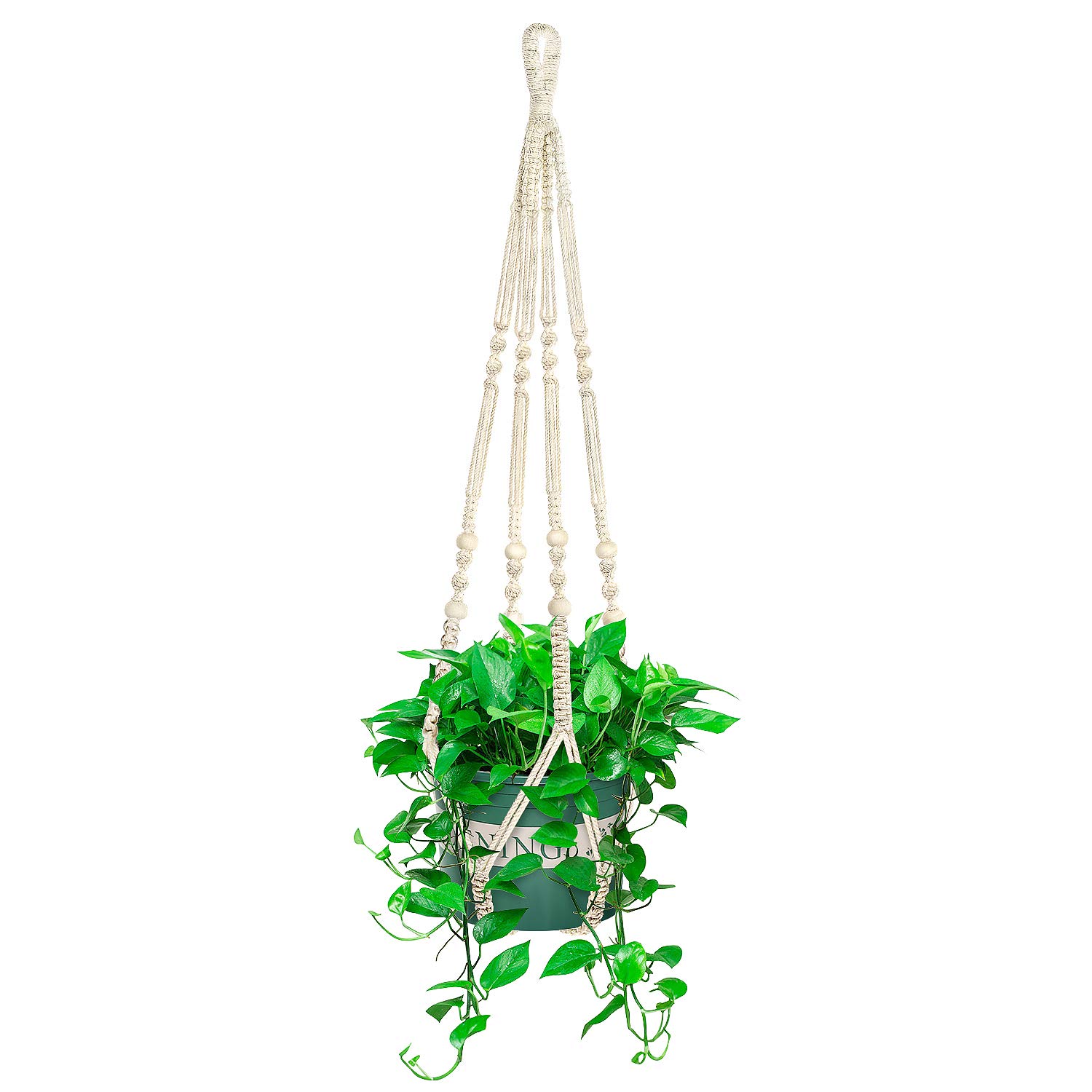 FRKNER Macrame Plant Hanger, 110cm Plant Hanger with Wooden Beads, Hanging Plant Holder Handmade Cotton Rope Hanging Planter for Indoor Outdoor Boho Ceiling Planter for Basket and Pot
