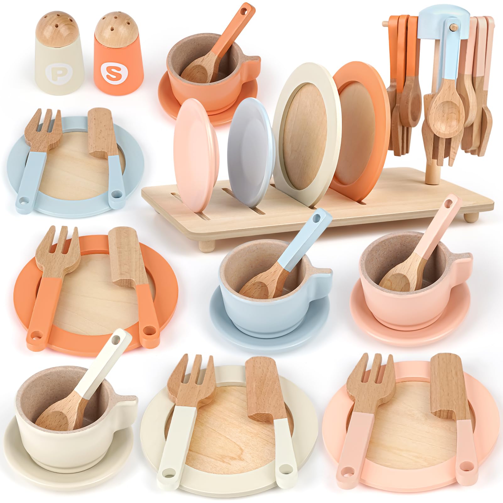 Wooden Tea Set for Toddlers Toy Kitchen Accessories 27 PCS Kids Pots and Pans Playset Wooden Play Food for Toddlers Girls Boys Age 2 3 4 (Pink) — image 1