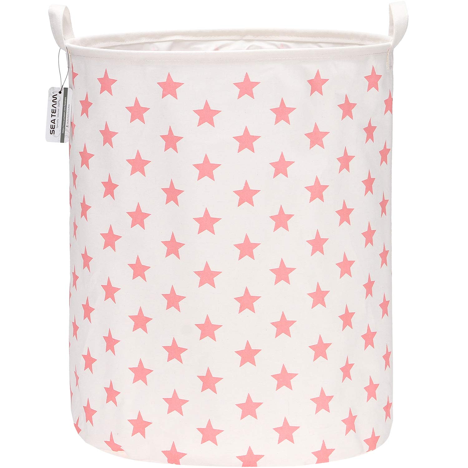 Sea Team 19.7 Inch Large Sized Waterproof Coating Ramie Cotton Fabric Folding Laundry Hamper Bucket Cylindric Burlap Canvas Storage Basket with Stylish Pink Star Design