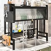 AZURAOKEY Over The Sink Dish Drying Rack, 3-Tier Carbon Steel Kitchen Storage Cabinet with Cover, 33.46" Heavy-Duty Large Cap
