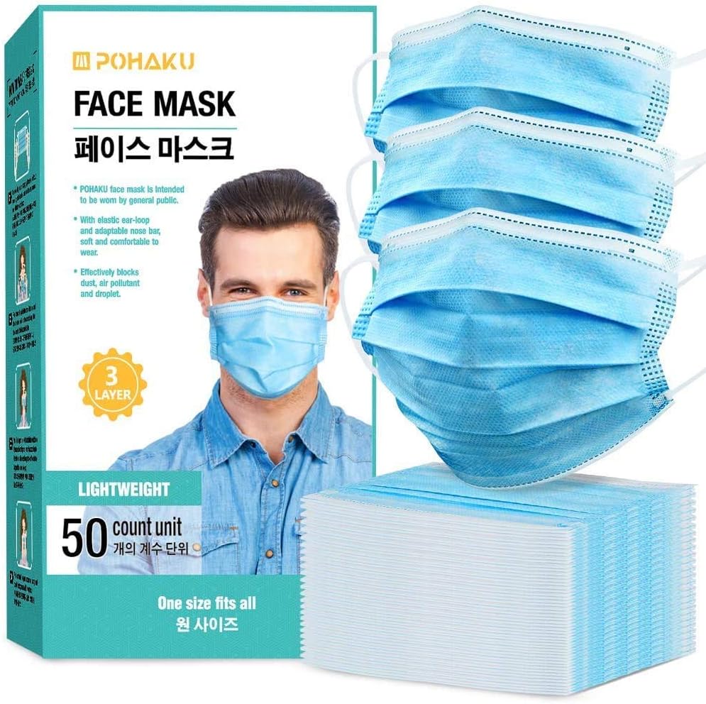 POHAKU Disposable Mask with 3 Ply Breathable and Extra Soft Elastic Ear Loop (50 PCS) - Blue
