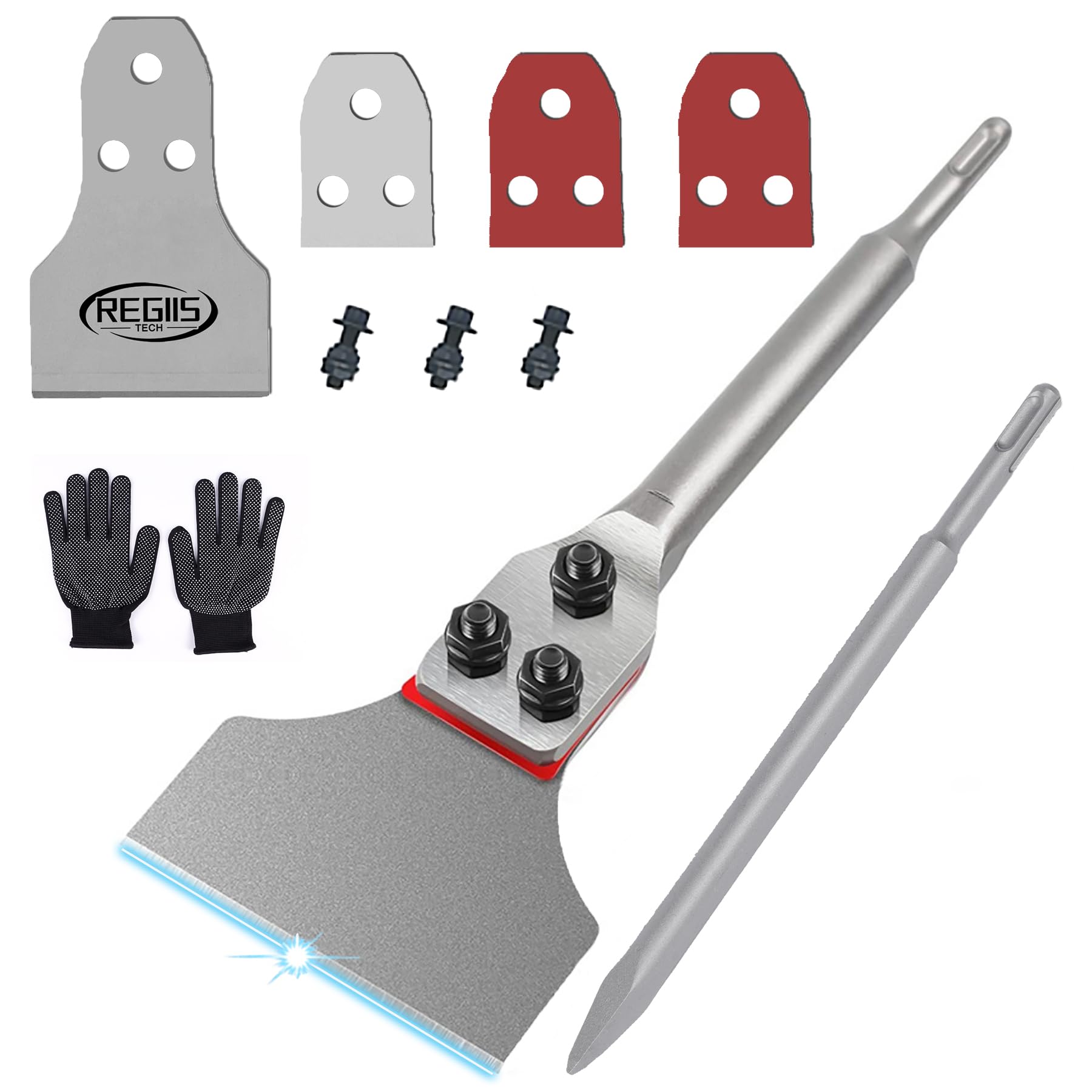 Photo 1 of SDS Plus Floor Scraper 3 in. x 12 in. Wide Tile Flooring Adhesives Remover, Thinset Removal Tool Chisel Bit with Spare Blades & Point Concrete Chisel & Gloves