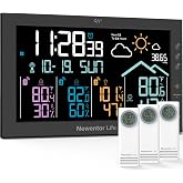 Newentor Weather Stations Wireless Indoor Outdoor with 3-Sensors Monitor | 7.5" VA Color Weather Station Atomic Clock, Inside Outside Tem&amp;Hum, Barometer, Forecast, Dimmable, AC Powered, Black