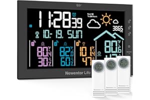 Newentor Weather Station Wireless Indoor Outdoor Thermometer, Home Weather Stations Digital Large Display, Atomic Clock with Multiple Sensors, Weather Forecast Temperature Humidity Barometer, Black