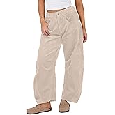 SeekMe Women's Corduroy Pants Barrel Mid-Rise Elastic Waist Cord Pants Casual Wide Leg Baggy Trouser with Pockets