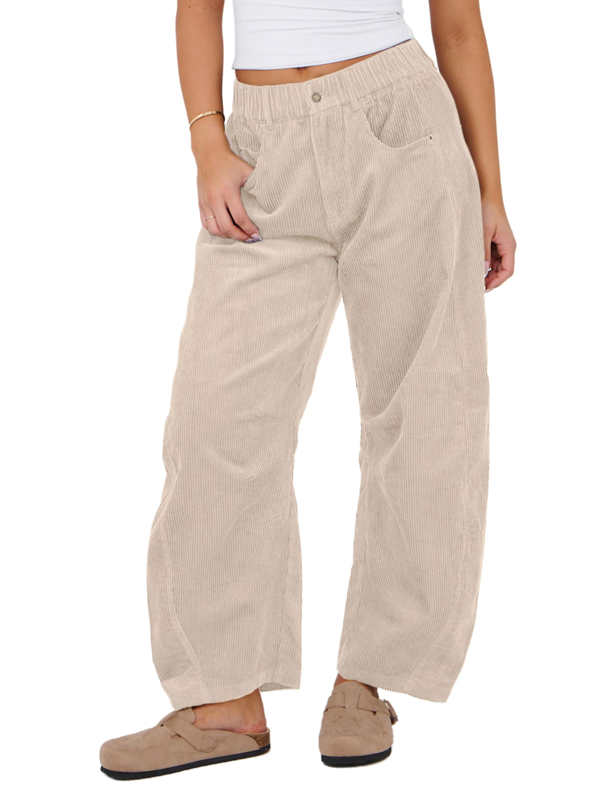 Photo 1 of SeekMe Women's Corduroy Pants Barrel Mid-Rise Elastic Waist Cord Pants Casual Wide Leg Baggy Trouser with Pockets(0005-Beige-L)