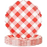 sunepany 50 Pcs Red Paper Plates 9 Inch, Gingham Scalloped Disposable Plates for Party Christmas Birthday BBQ Valentine’s Day Bridal Shower Picnic Checkered Supplies Red Cake Dessert Dinner Plates