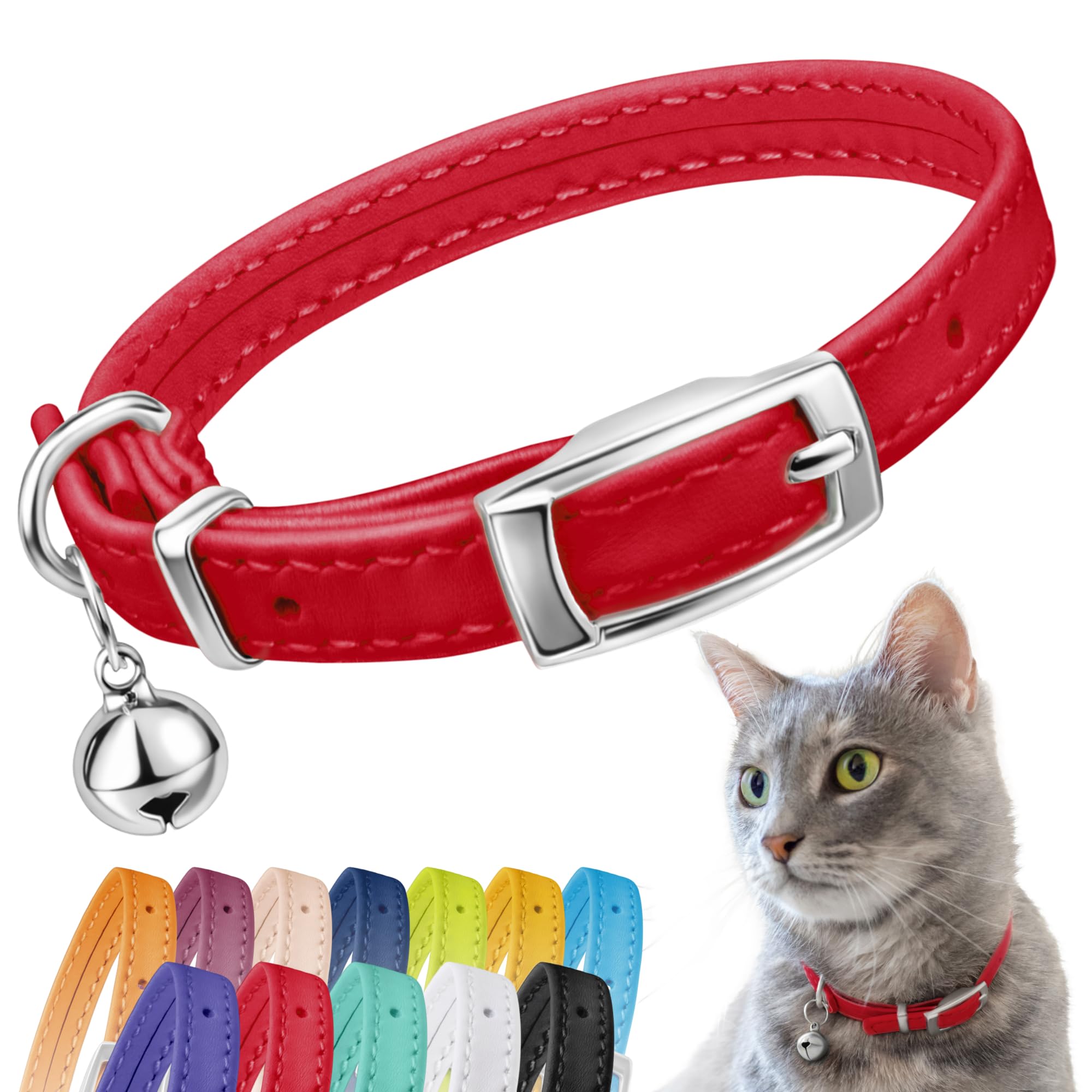 CollarDirect Leather Cat Collar, Cat Safety Collar with Elastic Strap, Kitten Collar for Cat with Bell Black Blue Red Orange Lime Green (Neck Fit 15-18 cm, Red) — image 1