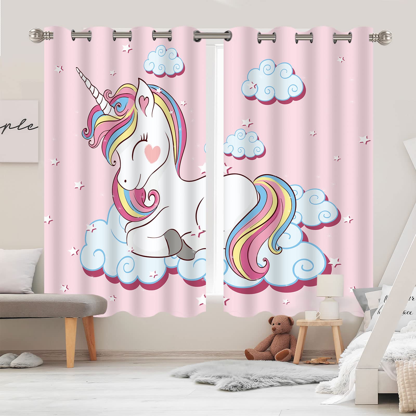 YISURE Nursery Cartoon Curtains, Unicorn Rainbow Blackout Curtain for Kids' Bedroom, Darkening Eyelet Window Drapes with Grommets- 52x72 Inch 2 Panels