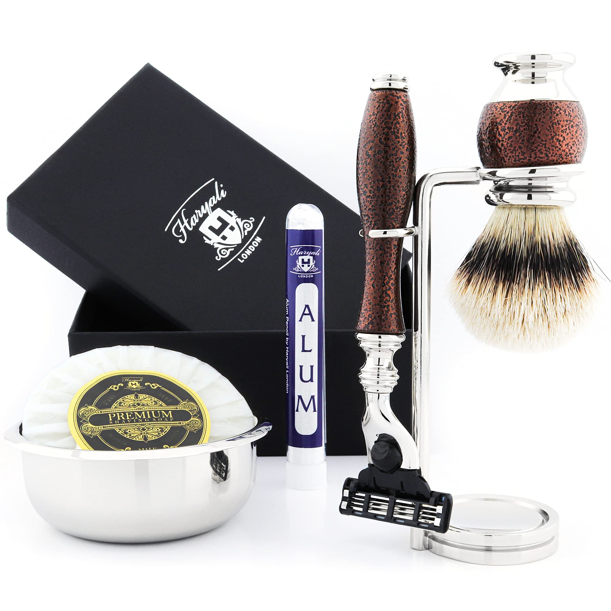 Silver Tip Badger Hair Brush & Triple Edge Cartridge Razor, Dual Stand with Bowl and soap.