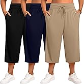 Neer 3 Pack Women's Capris Plus Size Yoga Lounge Pants Wide Leg High Waist Drawstring Cropped Sweatpants with Pockets