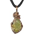 Designs by Nature Gems - Natural Peridot Necklace - Wire Wrapped in Antique Bronze Copper Core - Natural August Birthstone Jewelry - With 24” Black Leather- August Gift Jewelry - Handmade in North Ame