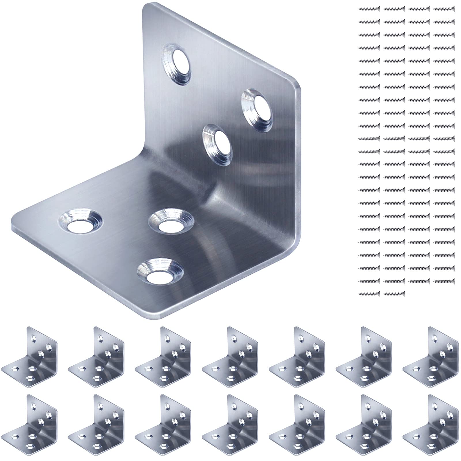 Gorffy Angle Brackets 15PCS, L Bracket 30 x 30 x 38 x 1.2 mm, Stainless Steel Sleeper Brackets with 90 Screws, Heavy Duty Right Angle Corner Bracket for Wood, Metal Corner Braces for Fixing Timber