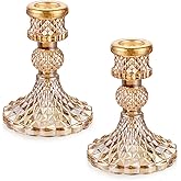 OwnMy Set of 2 Gold Glass Taper Candle Holders Decorative Glass Candlestick Holders, Modern Taper Candle Stands Candlesticks for Dining Table Centerpieces Wedding Church Decor