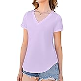 Beluring Women's V Neck Cotton T-Shirts Summer Short Sleeve Curved Hem Tops