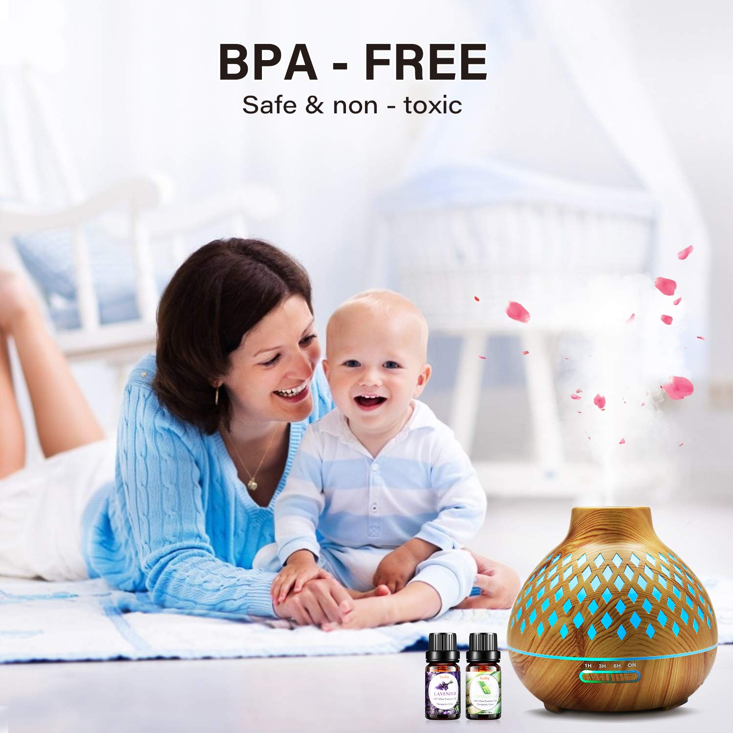 Essential Oil Diffuser with Oils, VSADEY 400ml Aromatherapy Diffuser with 8 Essential Oils Set, Diffusers for Essential Oils with 4 Timer & 7 Ambient Light Settings, Auto Shut-Off : Beauty