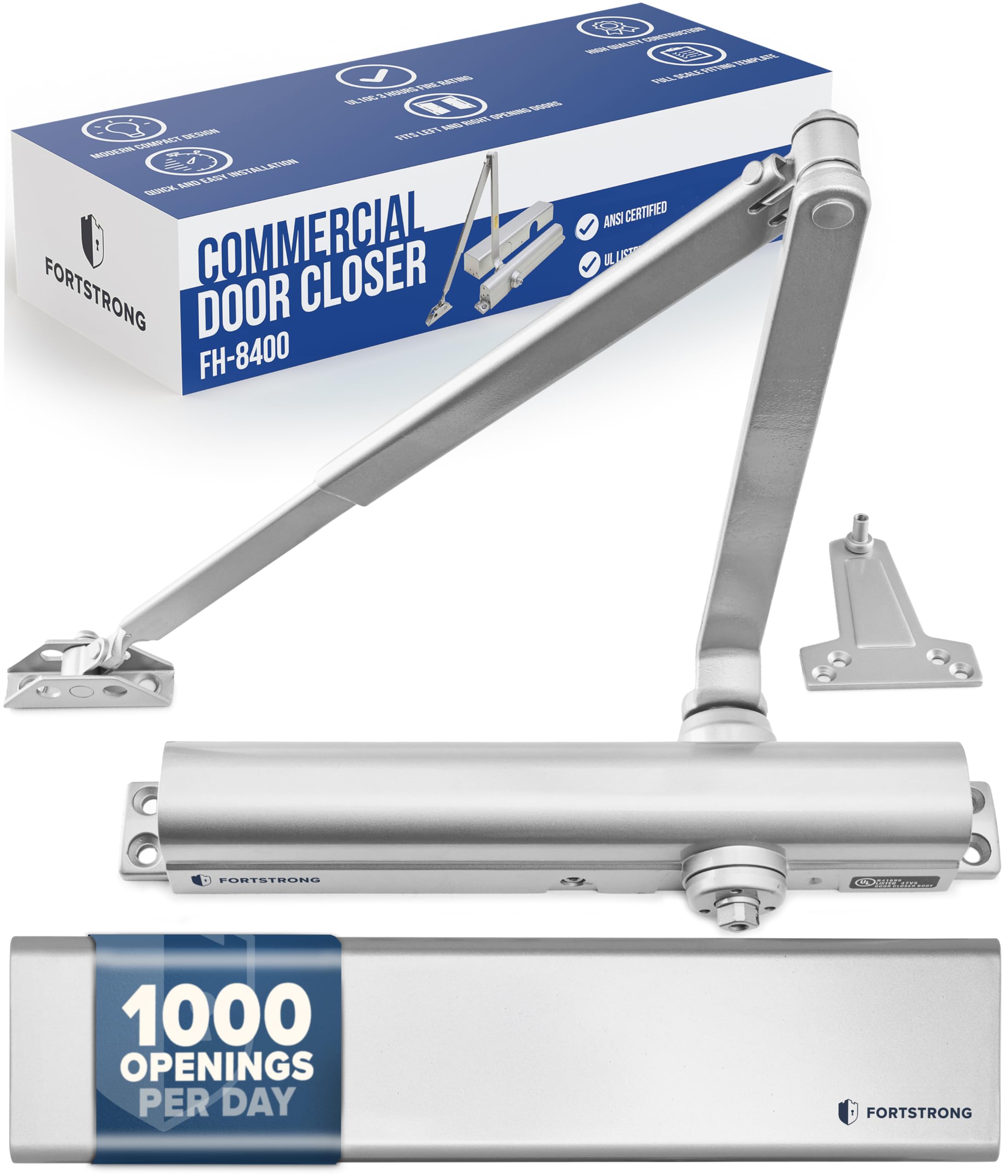 Photo 1 of Commercial Door Closer FH-8400 Heavy Duty Adjustable Grade 1 Standard Automatic Door Closing Hinge - ADA Compliant UL & CUL UL10C Listed - Aluminium Finish - High Traffic (Silver)