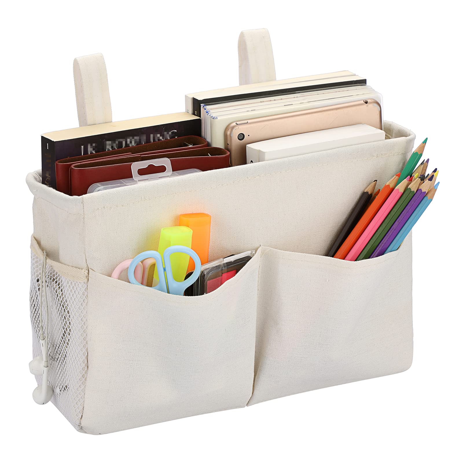 IGNPION Canvas Bedside Hanging Storage Bed Pockets Baskets-Adjustable Hanging Tape Dormitory Bed Organiser Caddy Mulit-purpose Hanging Storage Bag for Home Office School Dorm Hospital, White
