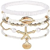 Lyreh Bead Ankle Seashell Bracelets Set for Women, Adjustable Boho Gold Beach Anklets with Pearl Conch Starfish Shell Disc Charms Hawaiian Foot Jewelry for Summer Fashion Gifts