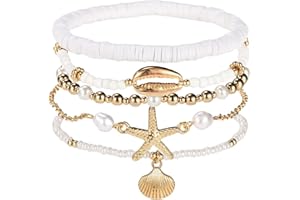 Bead Ankle Seashell Bracelets Set for Women, Adjustable Boho Gold Beach Anklets with Pearl Conch Starfish Shell Disc Charms H