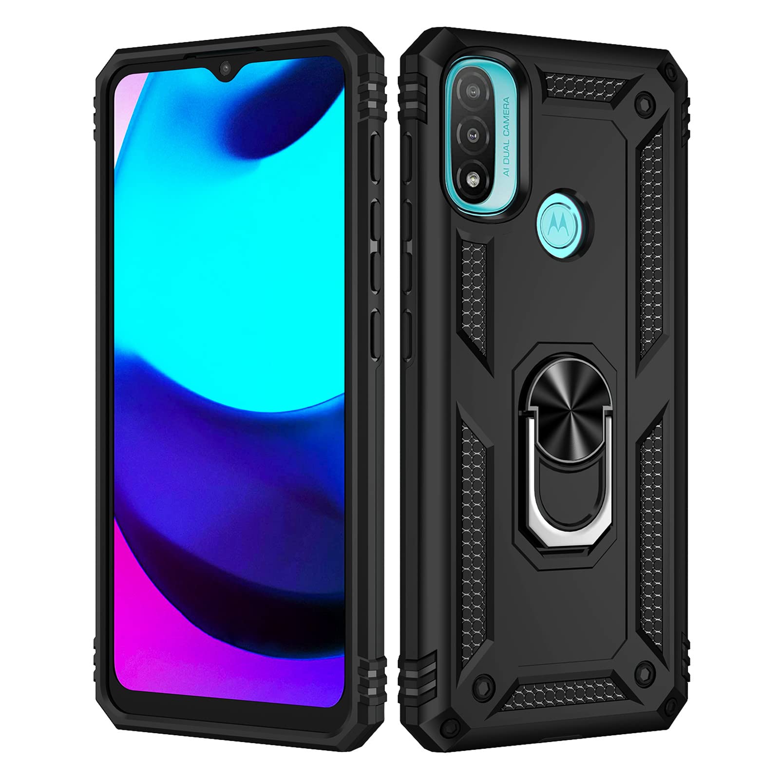 SHYXGLON for Motorola E30 Case, Moto E30 Cover with Screen Protector Armor Silicone Shockproof Double Layer Military Grade Ring Holder Bracket Kickstand Case for Motorola Moto E30 (Black)