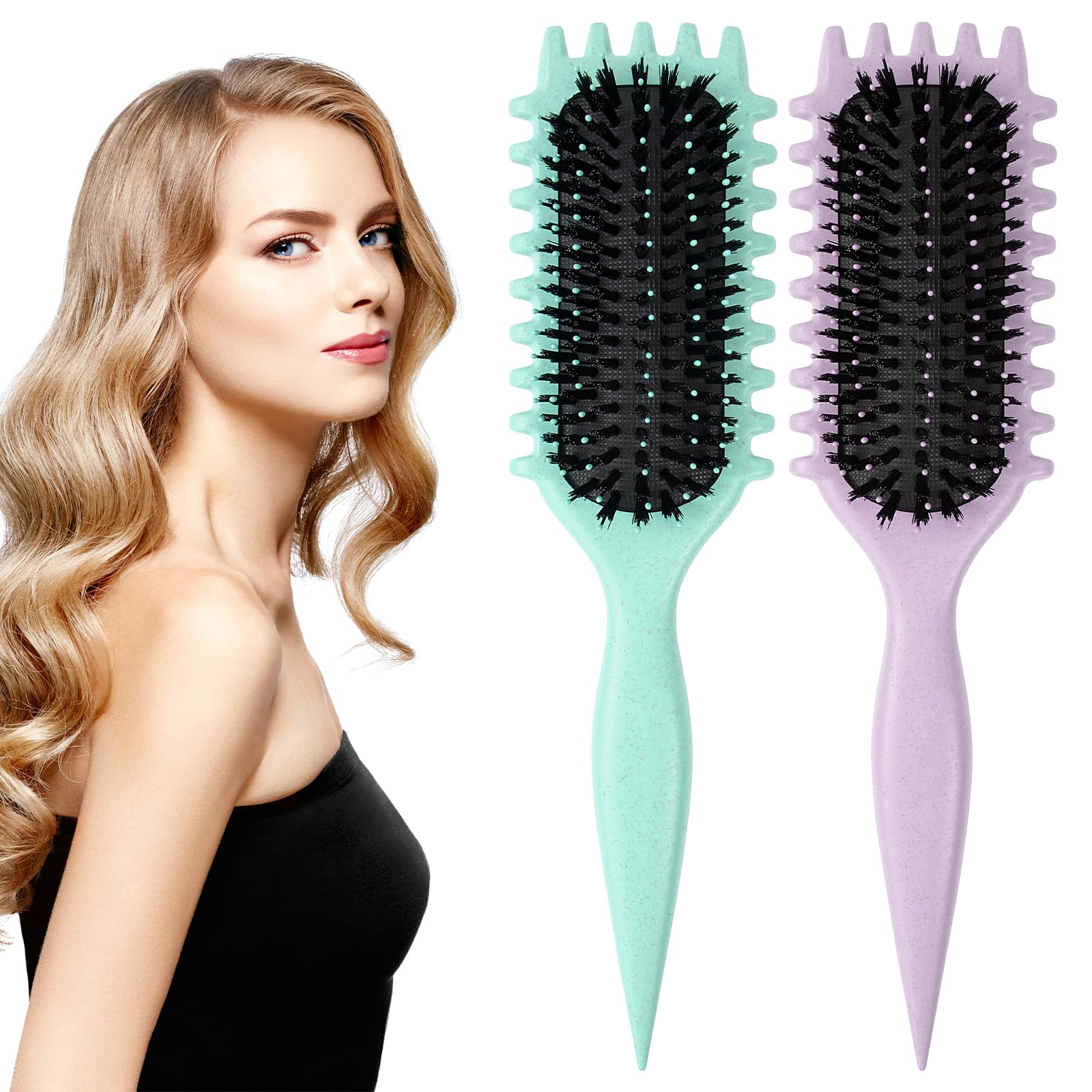 BELICOO 2Pcs Curl Defining Brush, Curly Hair Brush for Detangling, Multifunction Hair Curling Brush Styling Brush for Detangling, Shaping and Defining Curls for Women and Men (Green&Purple)