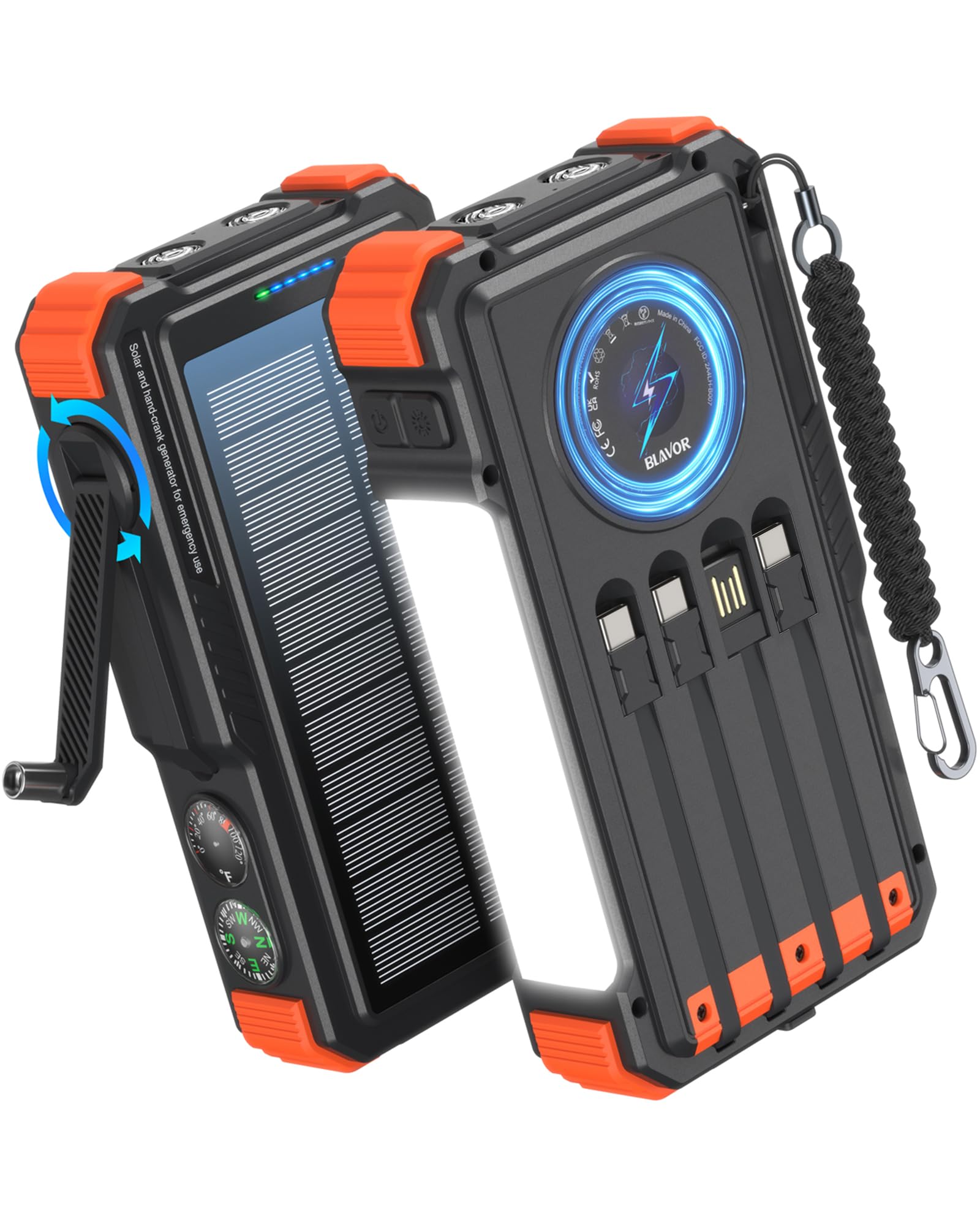 BLAVOR Solar Power Bank with Hand Crank and 4 Cables, 20000mAh Wireless Portable Charger with USB C & Camping Light, 20W Fast Charging Battery Pack for iPhone, iPad, Samsung, All Mobile Phones
