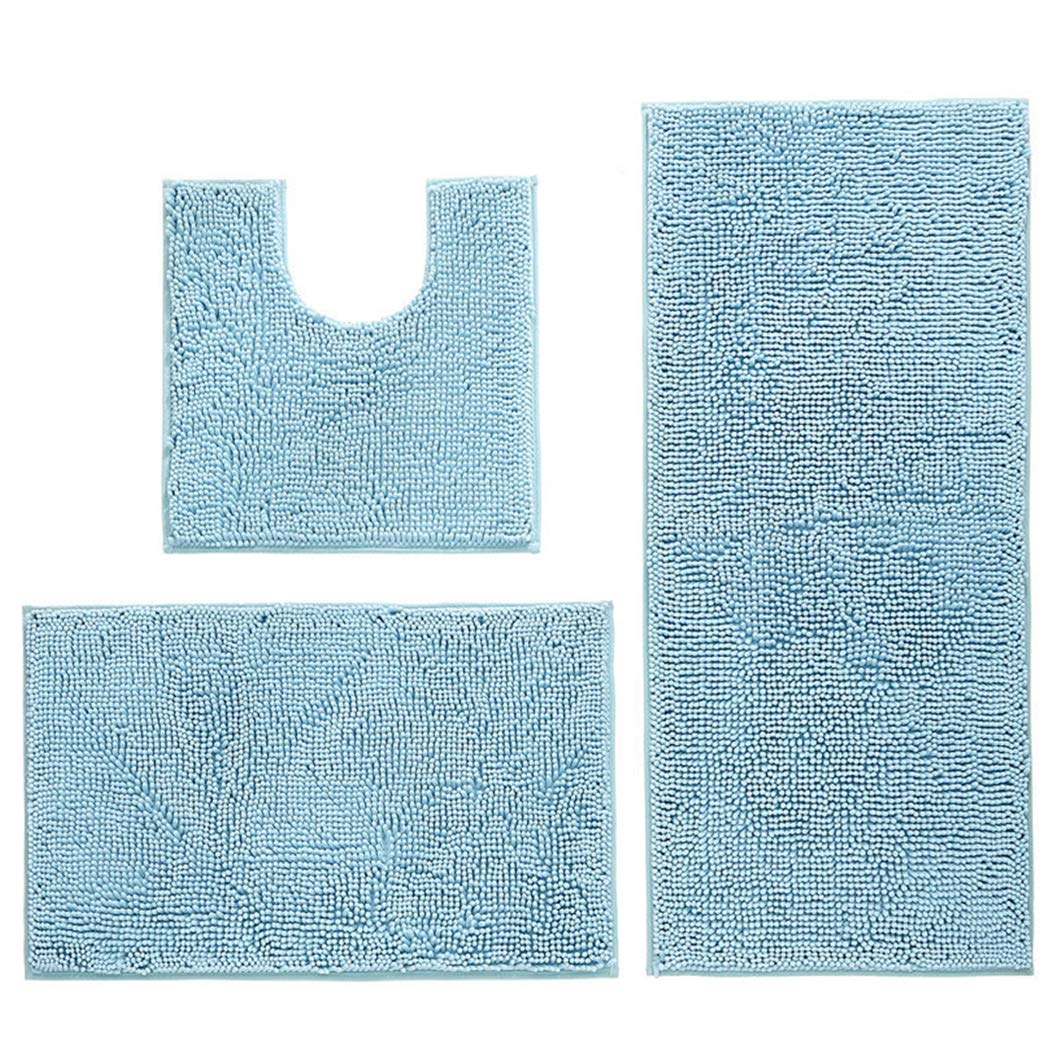 Hodeacc 3 Pcs Non Slip Chenille Bath Mat Set,High Water Absorbent Density Soft Microfiber Toilet Mat Toilet Pedestal Machine Washable Bathroom Mats Carpet (Light-Blue) — image 1
