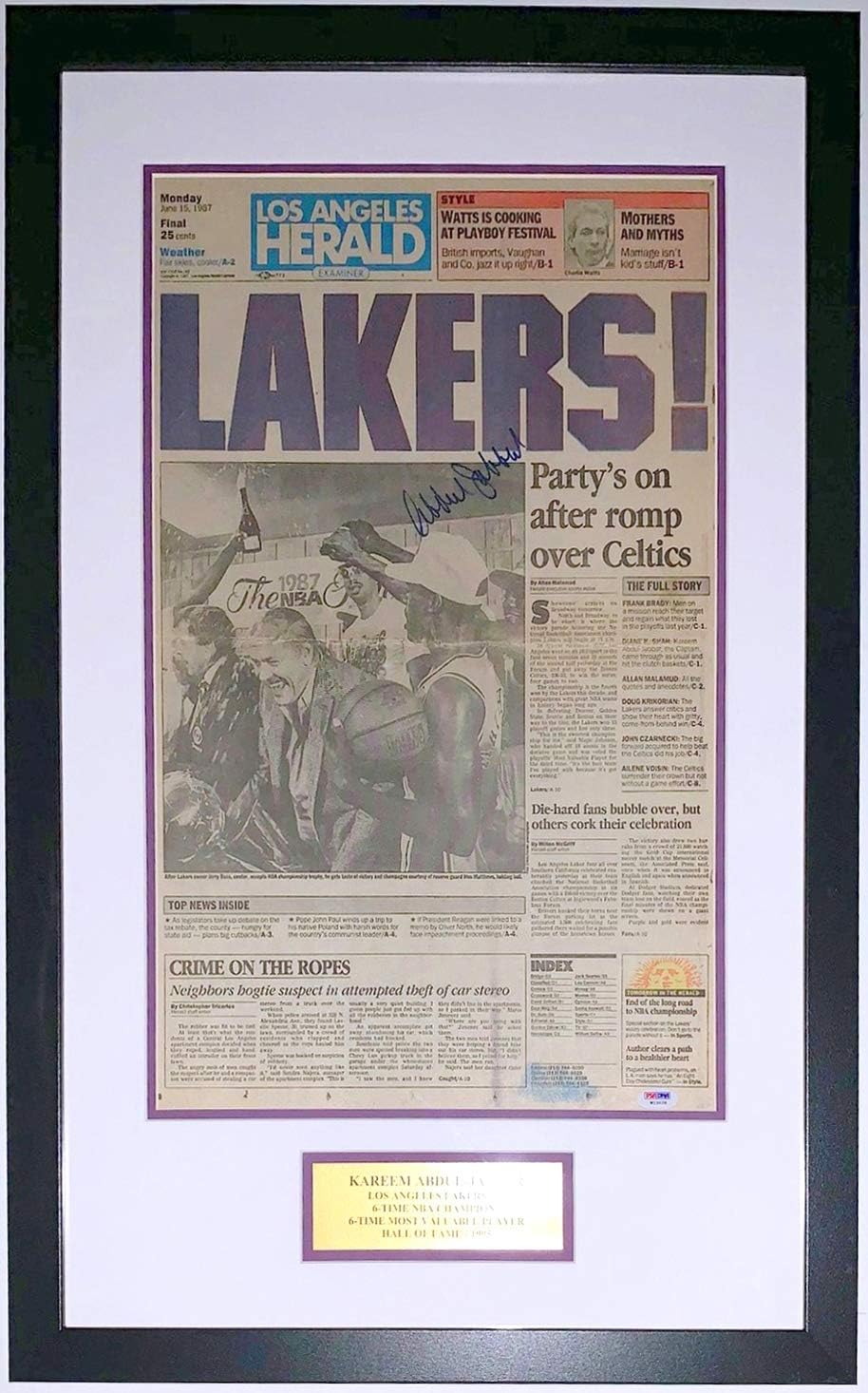 Kareem Abdul Jabbar Signed Los Angeles Herald 1987 Lakers Nba Champions Newspaper Psa Dna Coa Authenticated Professionally Framed Plate At Amazon S Sports Collectibles Store