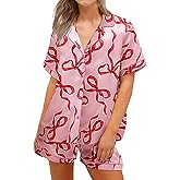 Juakoso Women Sweet Bow Pajamas Sets Short Sleeve Button Down Pjs Sets Cute 2 Piece Lounge Sets Y2k Preppy Sleepwear