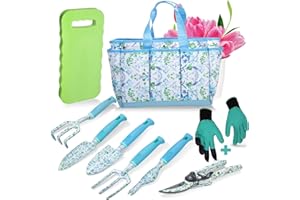 AIDY-PRO Garden Tool Set 9 Piece Aluminum Alloy Gardening Hand Tools Kit Gift for Women & Parent Gardening Supplies with Gloves,Tote,Kneeling Pad,Hand Pruner,Trowel,Hand Rake,Weeder,Fork,Transplanter