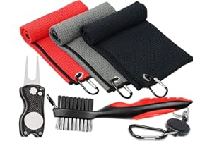 SlickNik - Golf Towel Pack - 3 Microfiber Waffle Pattern Golf Towels Including Golf Club Brush and Groove Cleaner Divot Repair Tool
