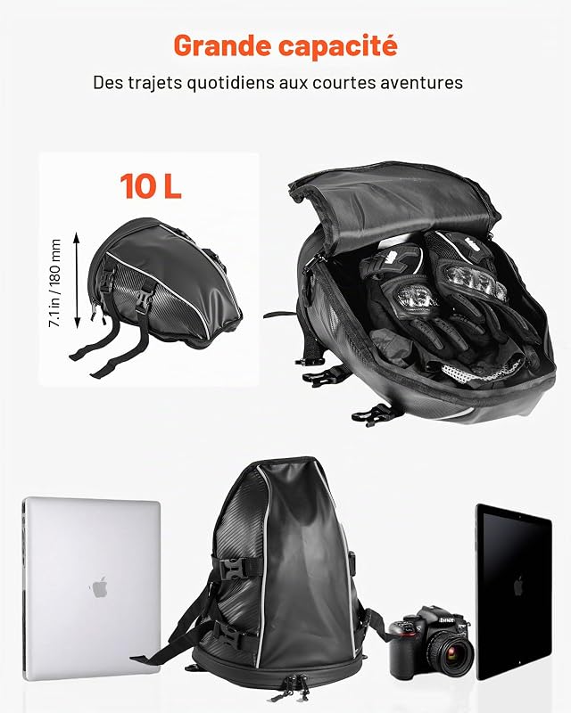 Sacoche arrière de Moto, 10 L, Sac de Selle Moto avec Housse de Pluie imperméable, Sac à Dos de Rangement pour Bagages Multifonctionnel en Cuir, avec bandoulière et Poche intérieure, Noir
