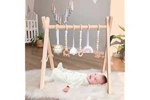 Wooden Baby Play Gym, WOOD CITY Foldable Baby Gym with 6 Hanging Sensory Toys for Infants Activity, Newborn Gifts for Baby Gi