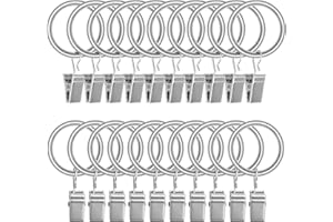 Lansian 20pcs Rustproof Drapery Matte Stainless Steel Metal Curtain Rings with Clips,Tension Curtain Hangers Clips, Decorative Curtain Rod Window, Matte Silver (1" Interior Diameter)