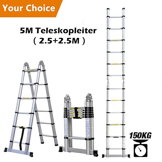 Rendio 5M Alu Teleskopleiter Klappleiter Ausziehleiter Mehrzweckleiter Anlegeleiter aus hochwertigem Alu Teleskop-Design 150 