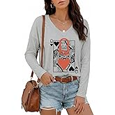 Queen of Hearts Shirt for Women Funny Vintage Womens V Neck Long Sleeve Cute Lady Graphic Tee Tops