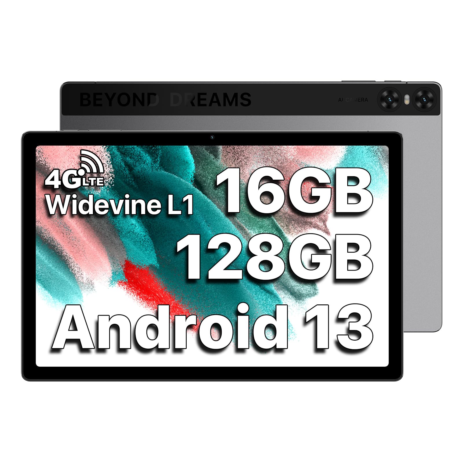 UMIDIGI A13 Tab 10.5 Inch Android Tablet, 2K FHD LCD Tablet with SIM Card Slot, 16GB RAM + 128GB ROM, Octa-Core, 7500mAh, 4 Stereo Speakers, 13MP Camera, GPS & WiFi & Bluetooth, Widevine L1 (Gray)