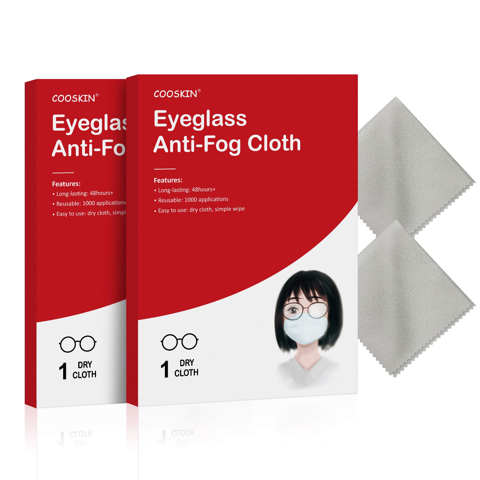 COOSKIN Anti-Fog Cloth, Reusable 1000 Times and Lasts for 48h, Odorless AntiFog Dry Wipe, Fog Defender, Antifogging Lens Wipe, Defogger Eyeglasses Wipe for Goggles/Screen 2 pcs