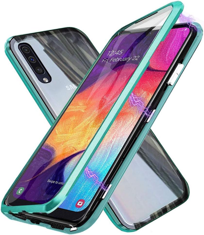 Case Samsung Galaxy A50 Magnetic Cover, Magnetic Adsorption Technology Metal Frame Case Aluminum [Front Back 9H Tempered Glass]360° Full Protection Ultra Slim Case for Samsung Galaxy A50 - Green