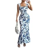 Floerns Women's Floral Sleeveless Boho Maxi Dress Square Neck Fishtail Wedding Guest Dresses