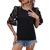 Floerns Women's Round Neck Half Sleeve Contrast Mesh Appliques Puff Sleeve Blouse Top