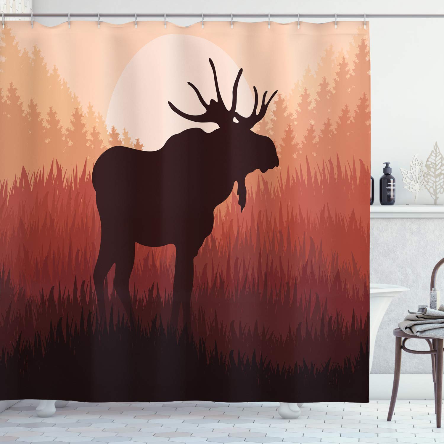 ABAKUHAUS Moose Shower Curtain, Antlers in Wild Alaska Forest Rusty Abstract Landscape Design Deer Theme Woods, Cloth Fabric Bathroom Decor Set with Hooks, 78 Inches, Peach and Brown
