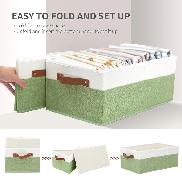 3 PACK LARGE CAPACITY STORAGE BINS CLOSET ORGANIZER FOR SHELVES, FABRIC CLOSET STORAGE BASKETS BOXES WITH LEATHER HANDLES FOR ORGANIZING CLOTHES, SHEETS, JEANS, TOYS, BOOKS (GREEN)