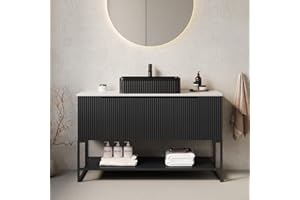 RAINLUX 48" Bathroom Vanity with Vessel Sink & 3 Soft-Closing Doors & Open Shelf, Freestanding Bathroom Cabinet with Ceramic Basin and Carrara White Sintered Stone Counter Top-Colmar, Black