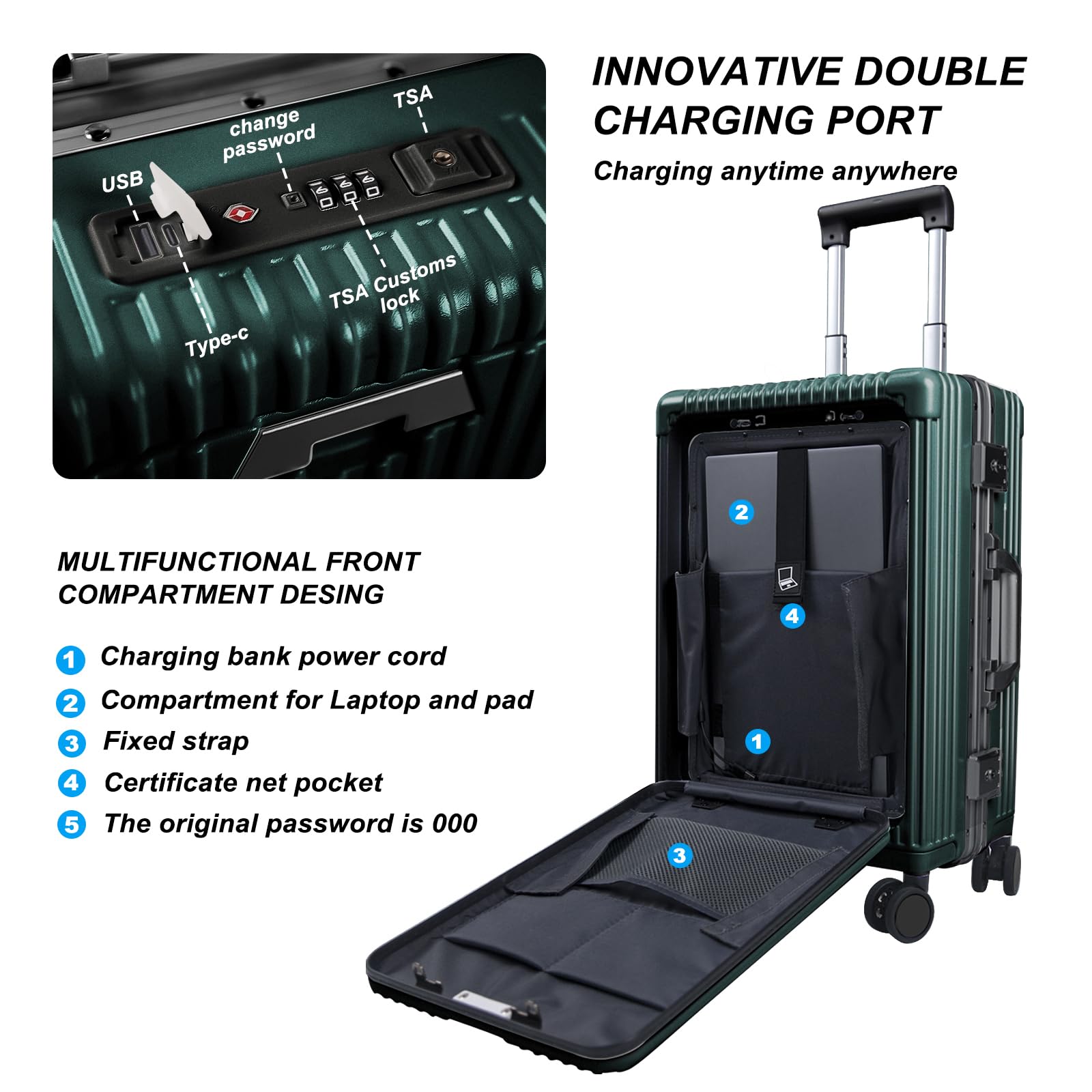 Carry On Luggage with Cup Holder and Usb Port, Aluminum Frame, Front Compartment, TSA Lock, 22x14x9 Airline Approved Hardside Suitcase with Spinner Wheels(Dark Green, 20-lnch)