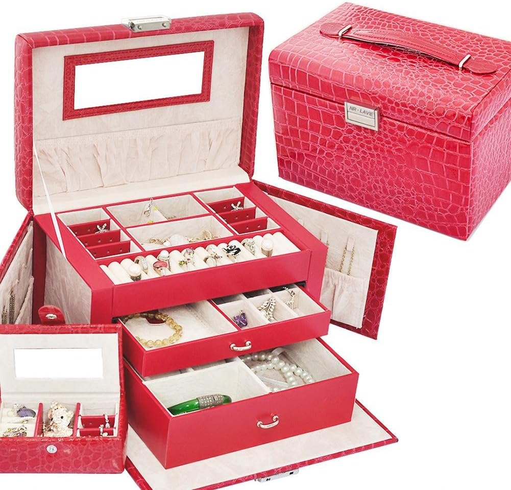 G&Z Luxurious Jewelery Box Jewelery Storage Made Of Leather And Wood, With 3 Drawers, Side Pockets, Independent Box, Snap Lock And Built-In Mirror, Many Colors, red