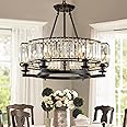 yomay Vintage Crystal Chandelier Black 6 Lights Hanging Ceiling Light Fixture Iron Frame Pendant Lighting for Farmhouse Decoration Dining Table Living Room